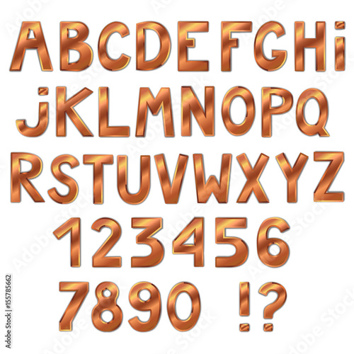 Beautiful golden font isolated on white background. Full alphabet. Letters and numbers. Vector illustration.