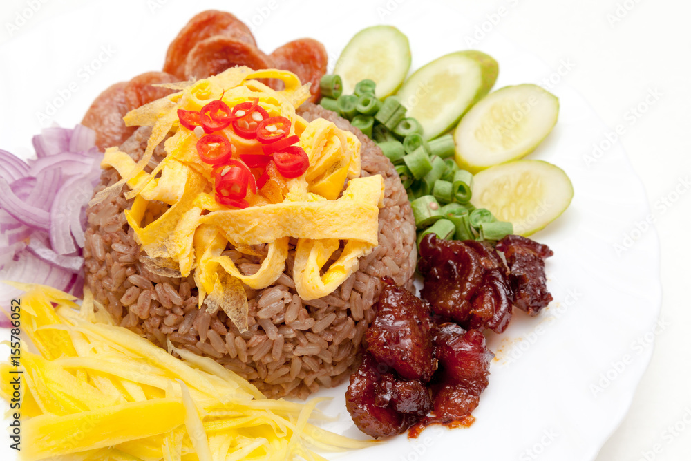 Rice seasoned with shrimp paste on the dish, white background