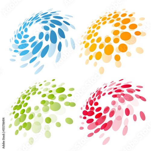 Abstract circle logotype set. Green, blue, orange, red dotted round isolated chem logo collection. Virus icon. Unusual sun. Flower symbol. Spiral sign.Vector germs illustration