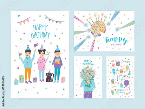 Happy birthday cards set. Collection of cartoon postcards.