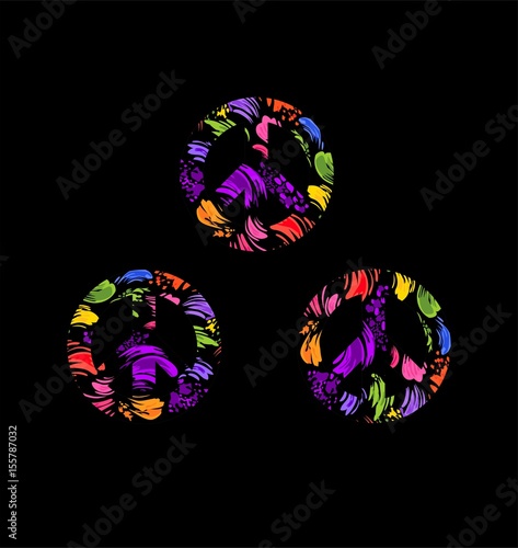 Variation hippie peace symbol with splashed colorful print on black background. Fashion design collection for t-shirt, bag, poster, scrapbook
