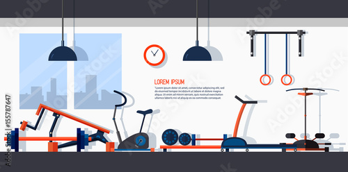 Horizontal banner with gym interior. Backdrop with sports equipments. Colorful vector template in flat style with place for text.