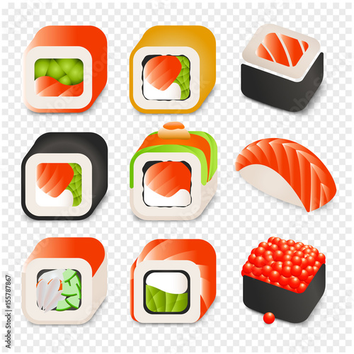 Colorful japanese food cartoon style design icons set with different sushi and rolls on transparent background isolated vector illustration.