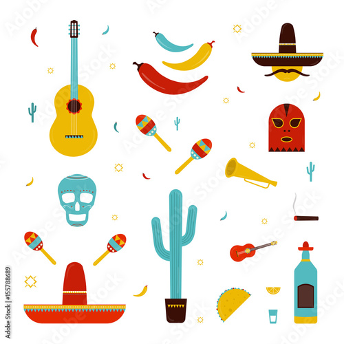 Set on a mexico theme. Different mexican bright icons collection maracas, cactus, hat, guitar, mask, pepper, tequila, skull, trumpet. Colorful vector illustration.