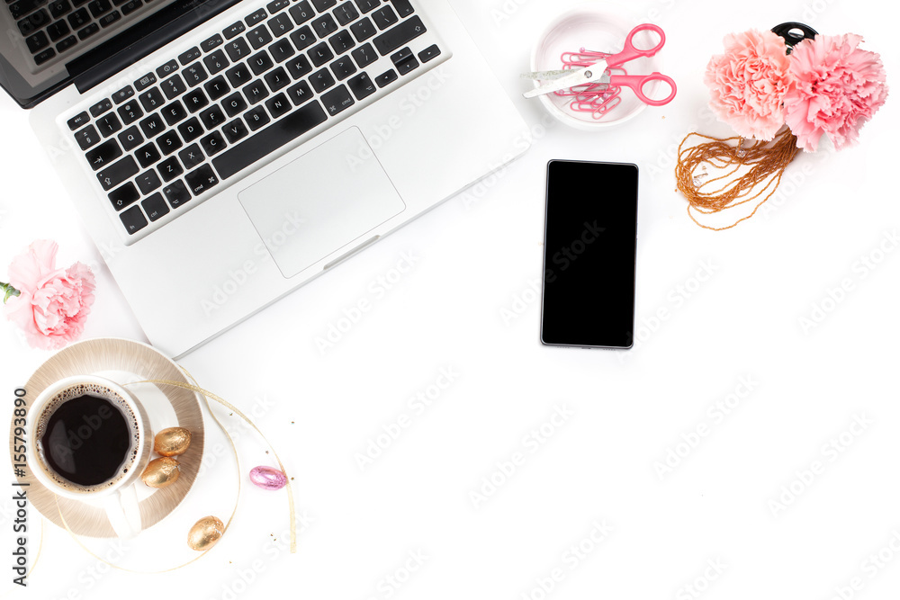 White, gold and pink womens office desk table with a lot of things on it. Top view with copy space.