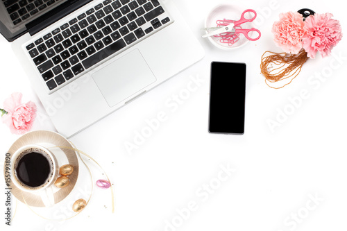Obraz na płótnie White, gold and pink womens office desk table with a lot of things on it. Top view with copy space. w salonie