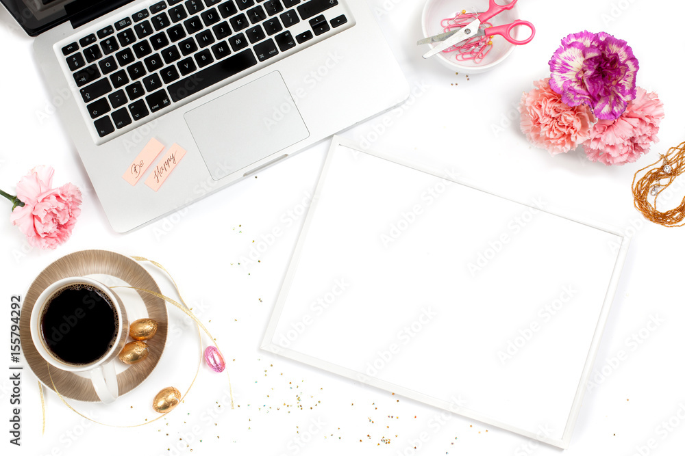 White, gold and pink womens office desk table with a lot of things on it. Top view with copy space.