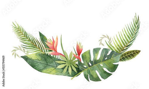 Watercolor wreath exotic flowers and leaves isolated on white background.