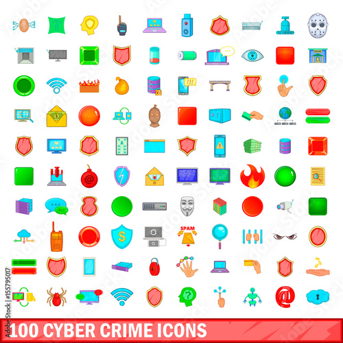 100 cyber crime icons set, cartoon style