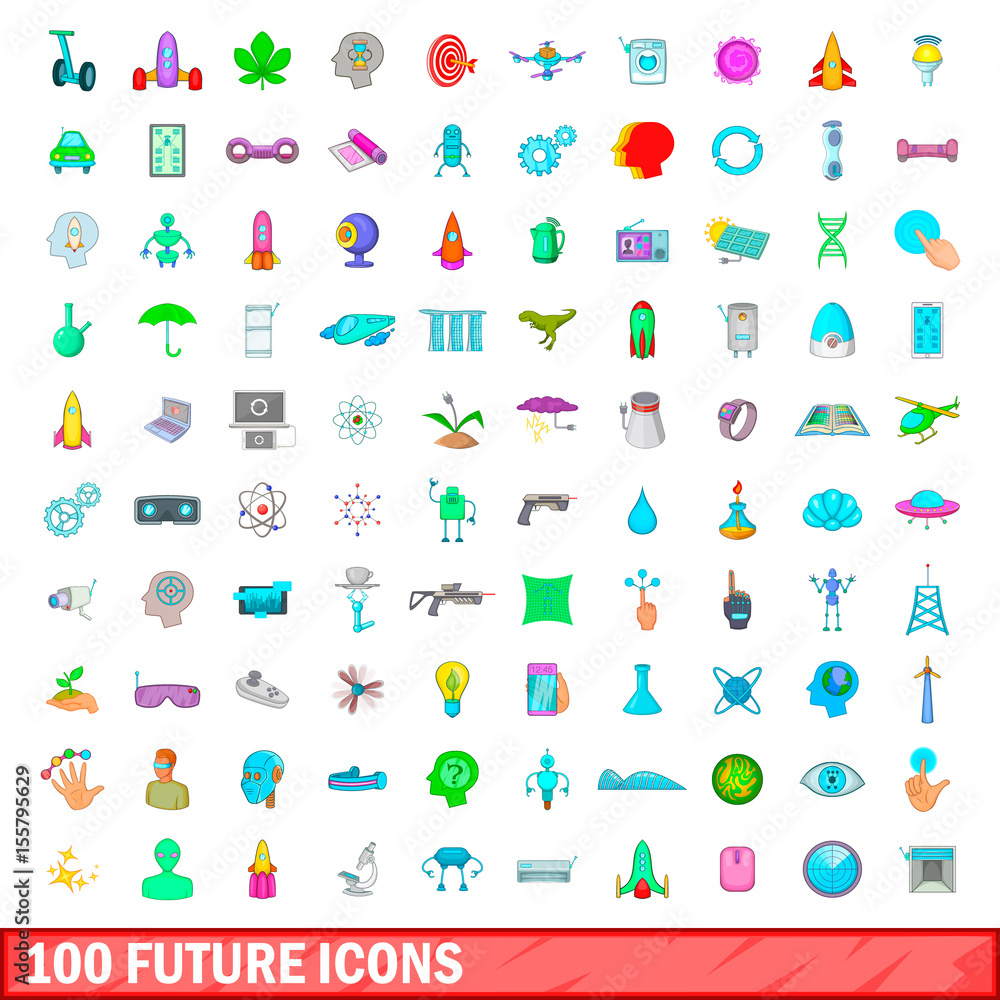 100 future icons set, cartoon style 100 future icons set, cartoon style