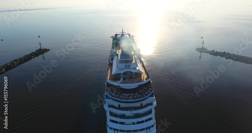 Aerial shot of cruise ship in Klaipeda City port, Lithuania AERIAL: Cruise ship enter to Baltic sea from Curonian lagoon - 1