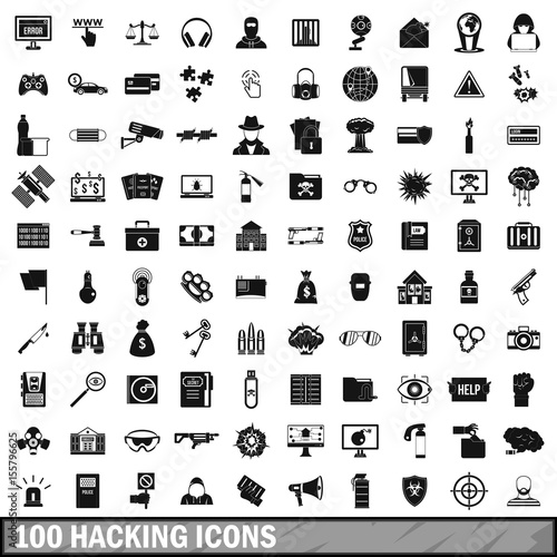 100 hacking icons set, simple style 