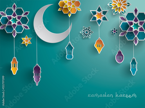 Paper graphic of Islamic decoration. Geometry art, Crescent moon and Arabic lantern. Ramadan Kareem - Glorious month of Muslim year.