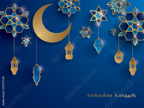 Paper graphic of Islamic decoration. Geometry art, Crescent moon and Arabic lantern. Ramadan Kareem - Glorious month of Muslim year.