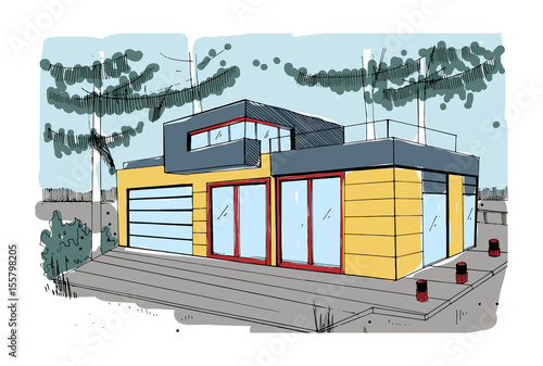 Hand drawn cottage. modern private residential house. colorful sketch illustration.