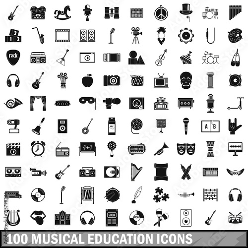 100 musical education icons set, simple style