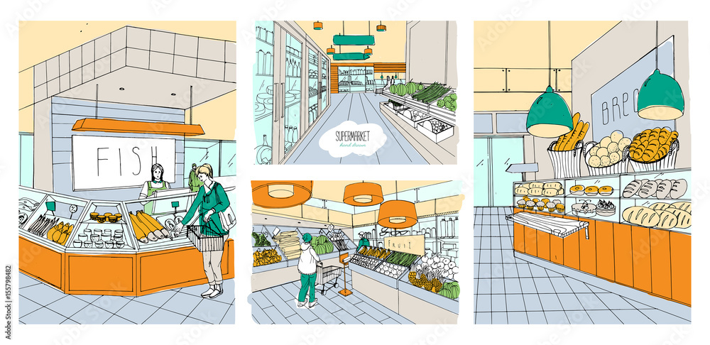Supermarket interior hand drawn colorful illustrations set. Grocery store fish, bread, fruit, vegetable departments with shoppers.