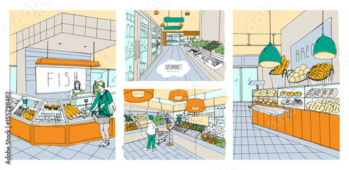Supermarket interior hand drawn colorful illustrations set. Grocery store fish, bread, fruit, vegetable departments with shoppers.