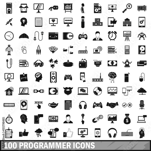 100 programmer icons set, simple style 