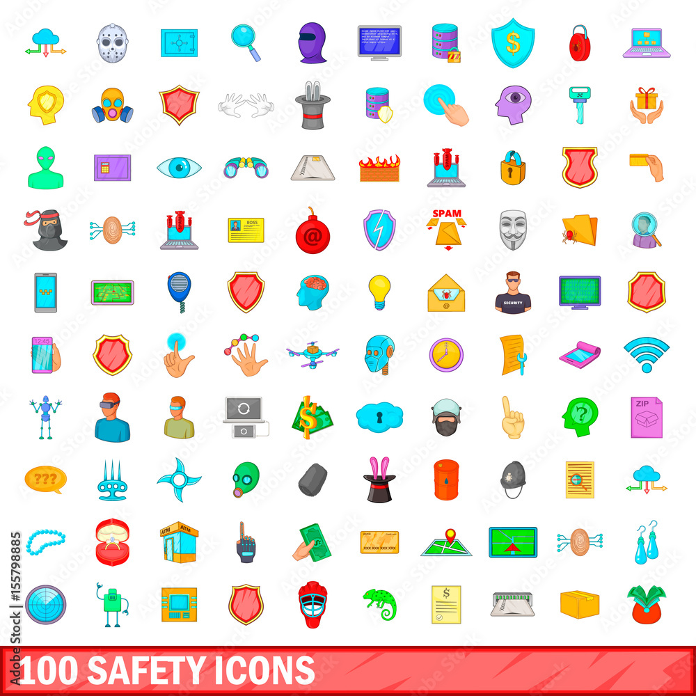 100 safety icons set, cartoon style 100 safety icons set, cartoon style