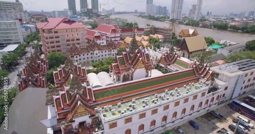 Aerial Drone Approach Shot to Buddhist Temple in Bangkok, Thailand
 photo