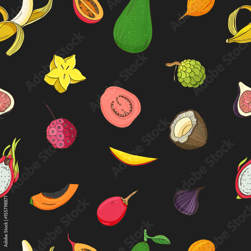 Seamless pattern with exotic tropical fruits. Black vector background.