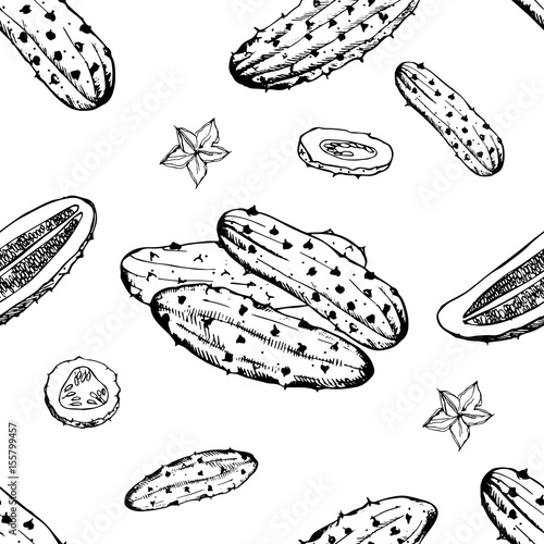 Seamless pattern with cucumber, slice, flower. Vegetable hand drawn backgroun...