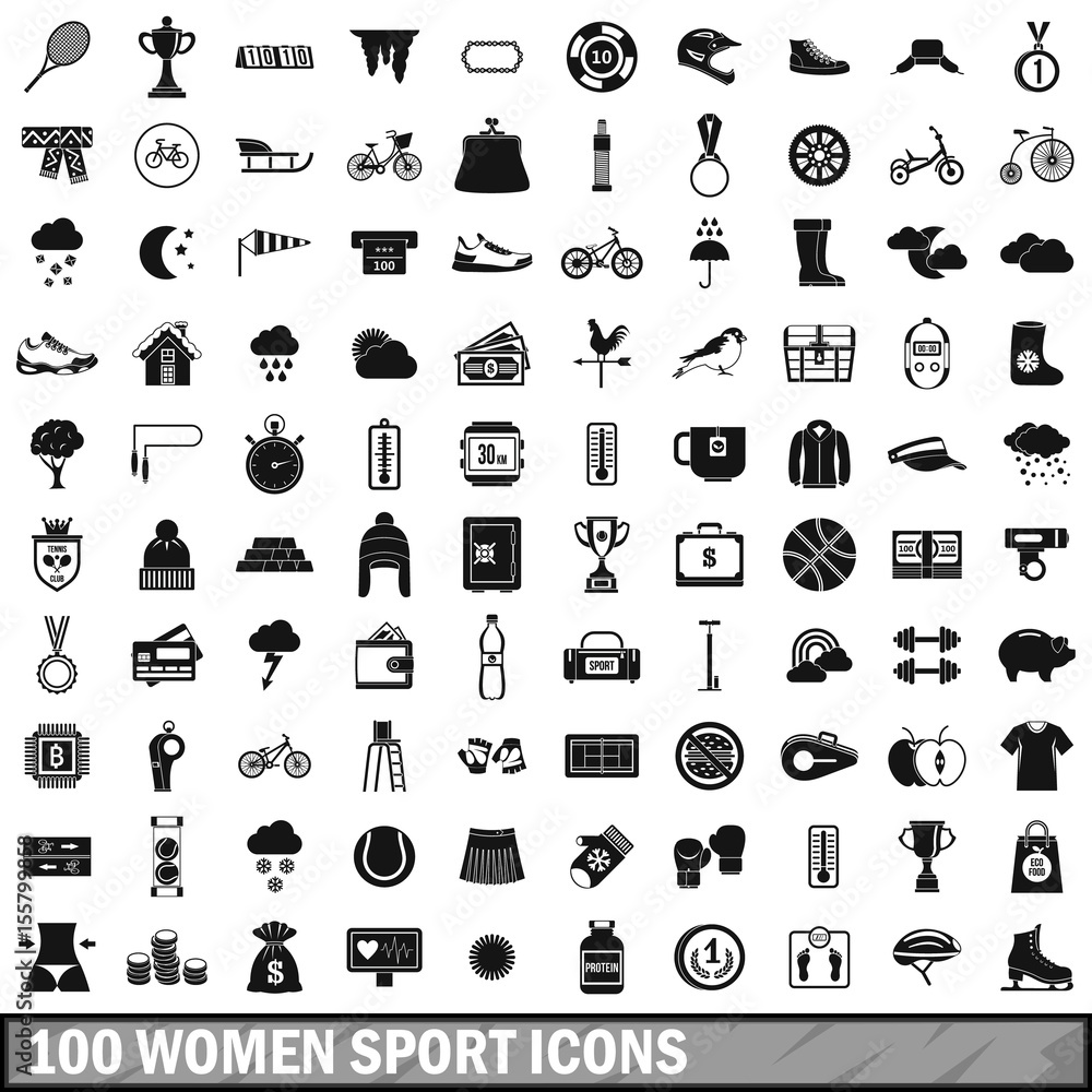 100 woman sport icons set, simple style 