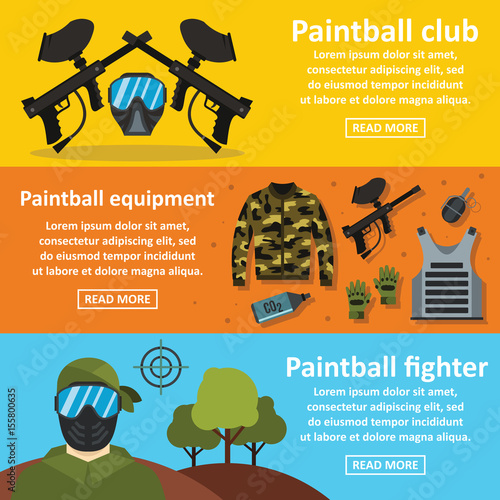 Paintball club banner horizontal set, flat style