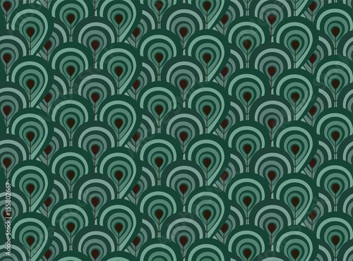 Abstract seamless pattern with blue green surreal forest, fashion curl geometrical pattern