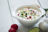 Okroshka. Traditional russian Summer yoghurt cold soup