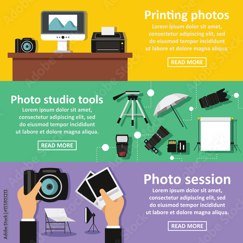 Photo studio banner horizontal set, flat style