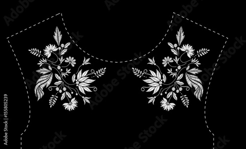 Satin stitch embroidery design with flowers. Folk line floral trendy pattern for dress neckline. Ethnic fashion white ornament for neck on black background.
