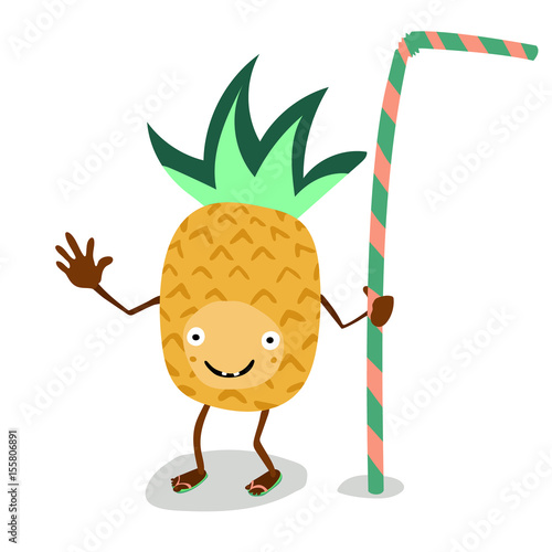 Vector illustration of cute pineapple cartoon character with cocktail tube