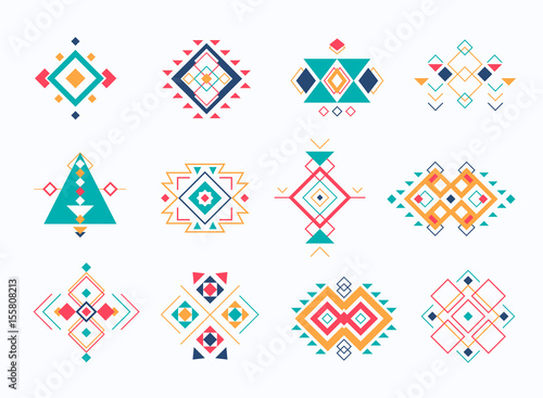 Set of ethno tribal aztec symbols. colorful geometric ethnic decor elements collection.