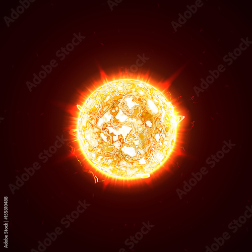 Burning realistic 3D sun, flashes, glare, flare, sparks, flames, heat and fire rays. Orange, hot, cosmic red planet on a black background vector illustration