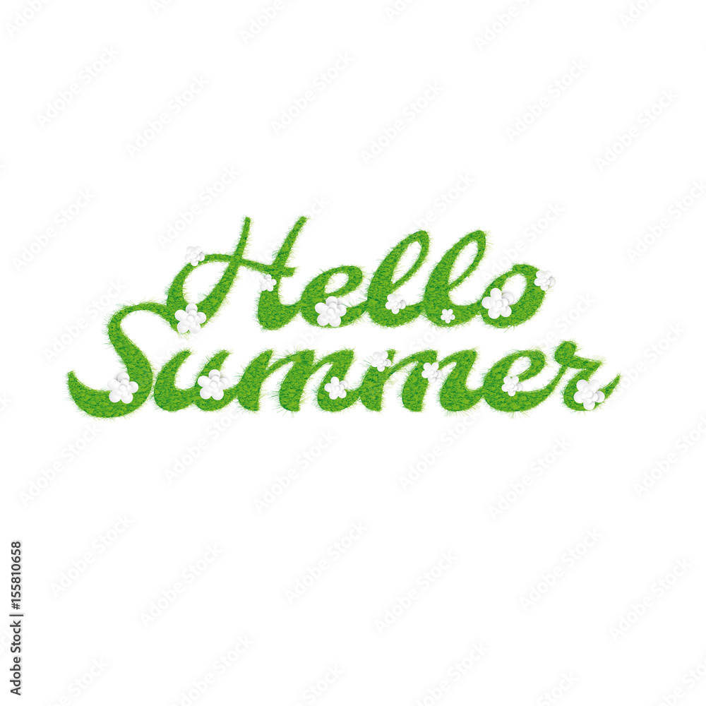 Greeting of the summer season. Lettering with the image of letters in the form of a lawn with flowers and the inscription summer, hello vector illustration Greeting of the summer season. Lettering with the image of letters in the form of a lawn with flowers and the inscription summer, hello vector illustration