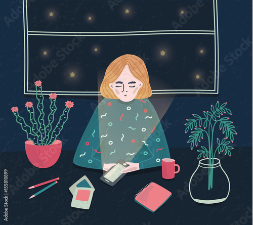 Girl with phone at night. Young woman sitting at the table and waiting for call. Colorful vector illustration in cartoon style.