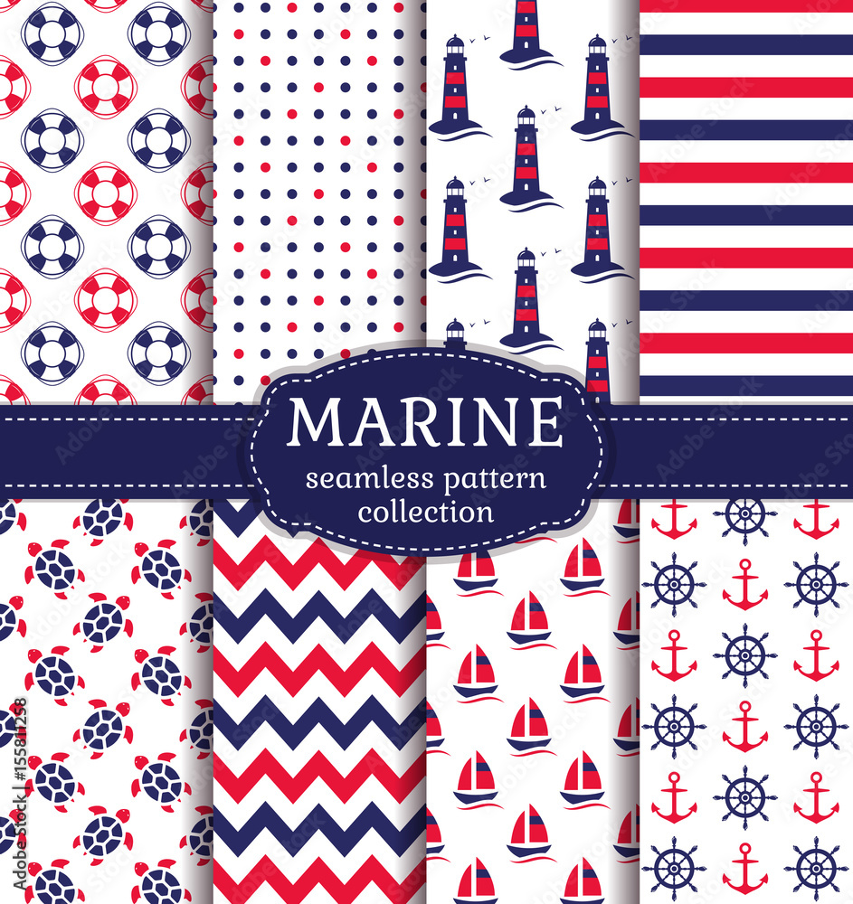 Sea and nautical seamless patterns set. Sea and nautical seamless patterns set.