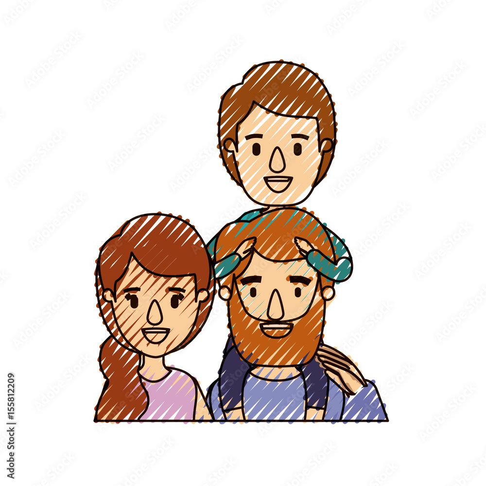 color crayon stripe caricature half body family parents with boy on his back vector illustration