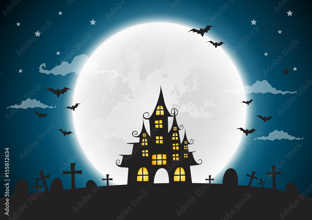 Halloween night background, haunted house and full moon.Vector illustration.