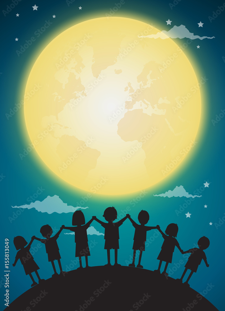 kids playing with full moon,background vector kids playing with full moon,background vector
