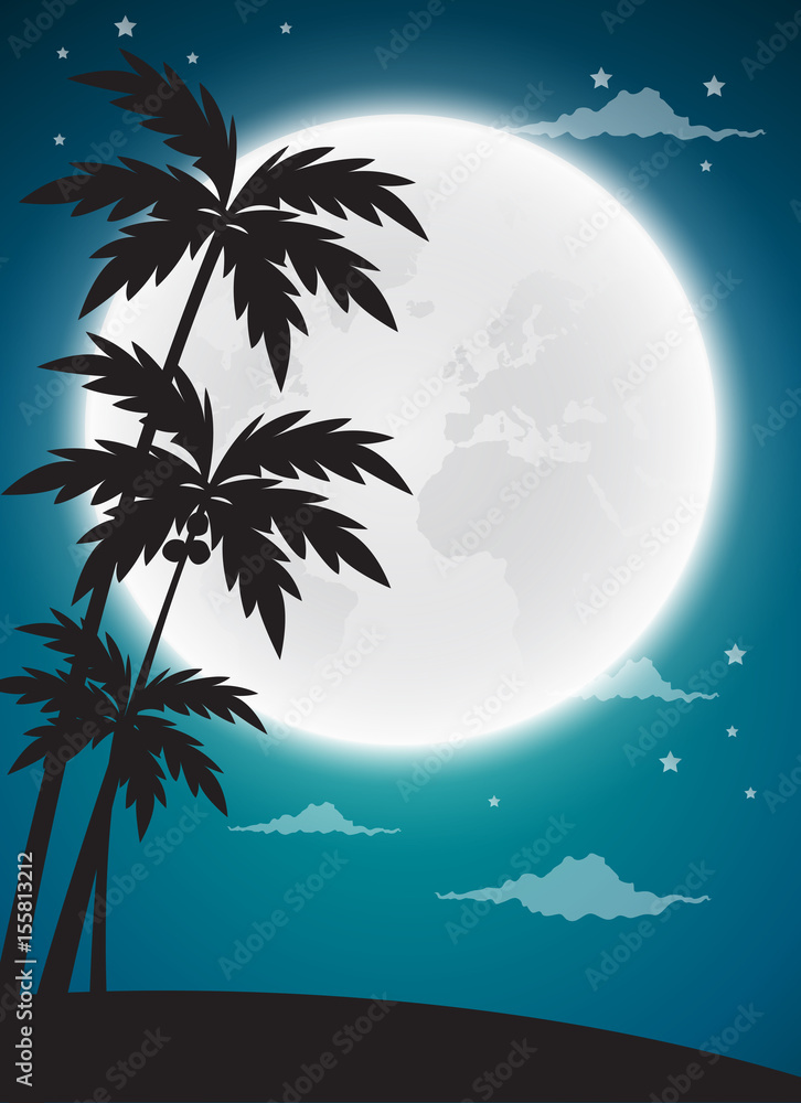 Full moon twilight with dark palms silhouettes, vector background