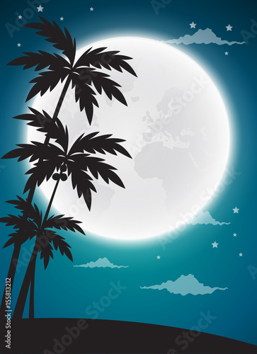 Full moon twilight with dark palms silhouettes  vector background