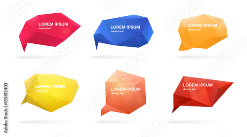 Abstract polygonal speech bubbles set. 3d figures with place for text. Colorful vector illustrations.