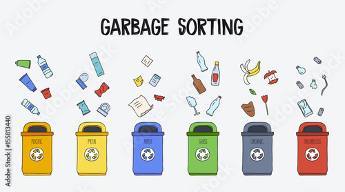 Garbage sorting concept. Trash cans with different types of garbage. Colorful hand drawn doodle illustration.