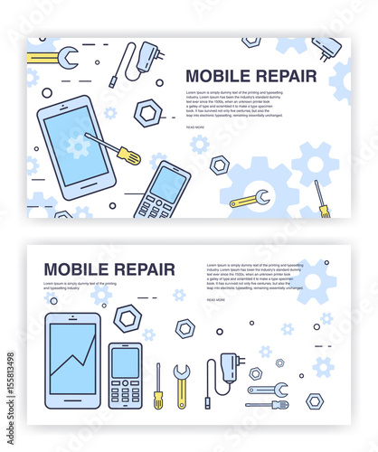 Mobile phone repair. Banners with smartphone and tools. service electronic technic.