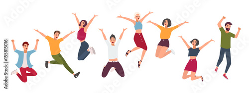 Horizontal banner with happy people. Young guys and girls jumping. Colorful vector illustration in flat style.