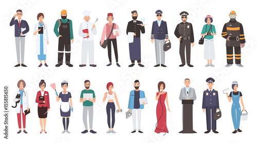 Set of different people profession. flat illustration. Manager, doctor, builder, cook, postman, waiter, pilot, policeman, photographer, fireman, veterinarian, teacher, maid, programmer and other.