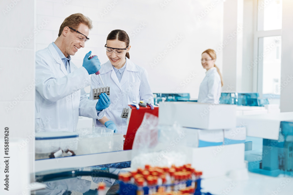 Fototapeta premium Positive delighted medical workers doing experiment